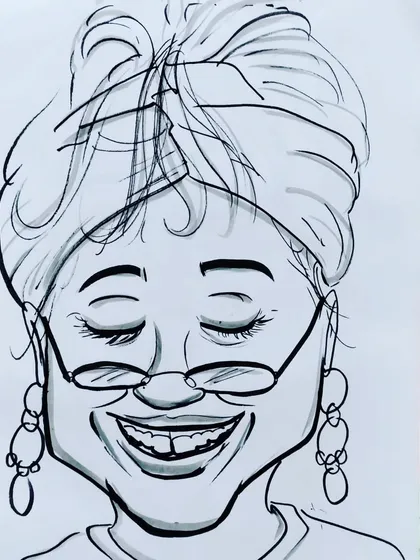A caricature of a woman with her eyes closed, smiling. This portrait has a very peaceful and happy feel.