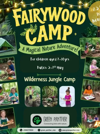 Welcome to our kids only Fairywood Camp. This poster captures the spirit of this magical adventure, where young explorers aged 7 to 10 can enjoy a weekend of independence, creativity, and jungle fun.
