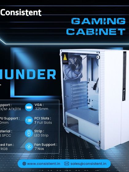The Thunder gaming cabinet is built for performance with support for up to seven fans and a clean design. This image highlights its key specifications, including support for large CPUs and GPUs, making it a versatile choice for gamers.