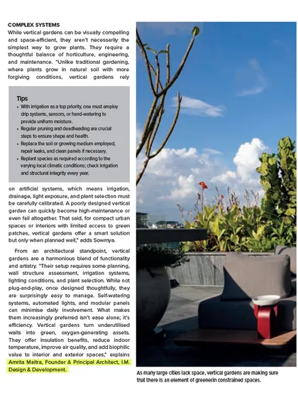 Our founder, Amrita Maitra, was featured in Architect and Interiors India discussing her expertise in sustainable vertical gardens. This image from the article shows a rooftop terrace where lush greenery creates a private oasis in a dense urban environment.