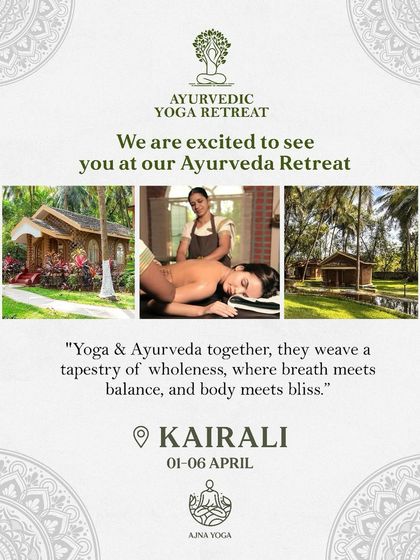 We are excited to see you at our Ayurveda Retreat. This poster highlights the blend of yoga and Ayurveda, a tapestry of wholeness where breath meets balance and body meets bliss.
