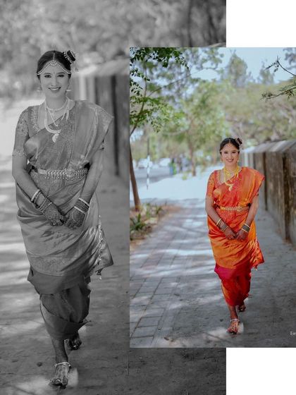 A creative diptych showing the bride walking, with one frame in black and white and the other in color.