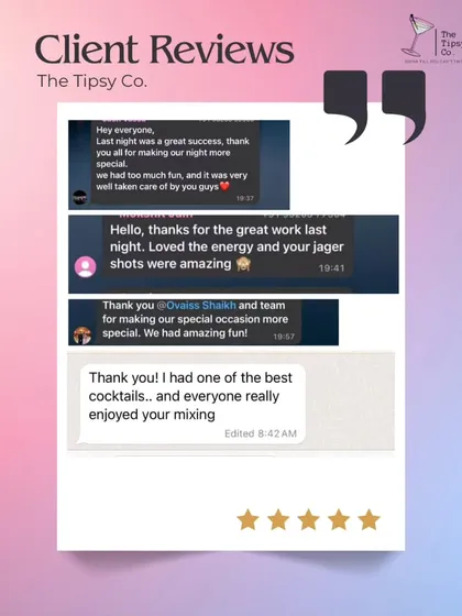 A collage of positive feedback, with clients loving the energy, the Jager shots, and the "best cocktails". It's a great summary of what guests enjoy most.
