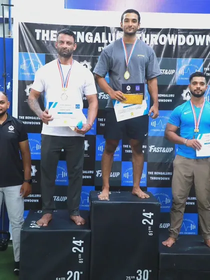 The men's podium at The Bengaluru Throwdown. Celebrating the incredible performances of the top athletes after a grueling competition.