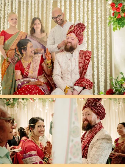 A collage of candid moments from a cross-cultural wedding ceremony. We capture the interactions between family and the couple, showing how two families become one.