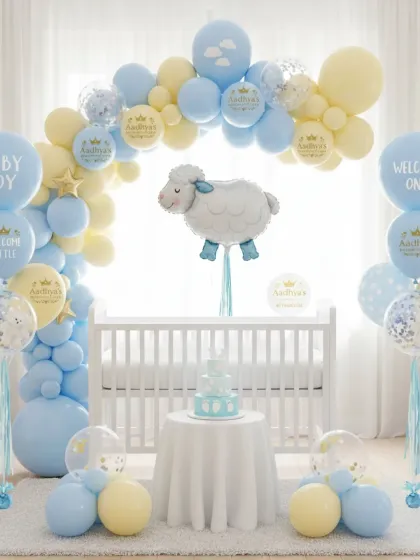 For a soft and sweet celebration, we designed this lamb-themed baby shower decor. The setup includes a gentle pastel balloon arch in blue and yellow framing the baby's crib, with a large sheep foil balloon as the centerpiece. This clean and elegant design is perfect for a godh bharai or a welcome home event.