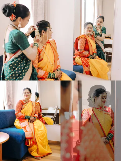 A collage of a Maharashtrian bride getting ready. From her reflection in the mirror to the final touches, I document the entire transformation.