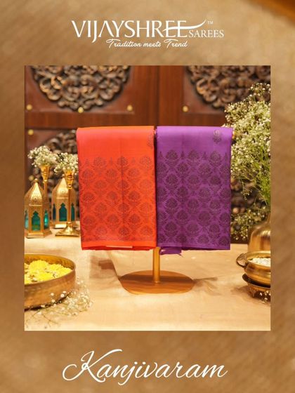 A display of our Kanjivarams with antique zari borders, a touch of traditional sophistication.