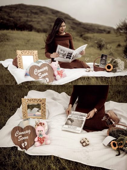 A lovely picnic scene set up for a pregnancy announcement. This collage shows the mom-to-be relaxing with props like a custom newspaper, signs, and a teddy bear.
