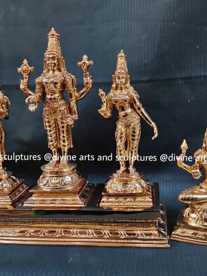A smaller, finely detailed set of Sri Balaji with Sridevi, Bhoodevi, and Padmavati. These miniature idols are perfect for personal worship and travel altars.