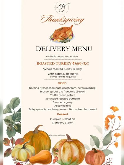 A detailed look at our Thanksgiving delivery menu, including a whole roasted turkey with all the sides and desserts, perfect for a hassle-free holiday feast.