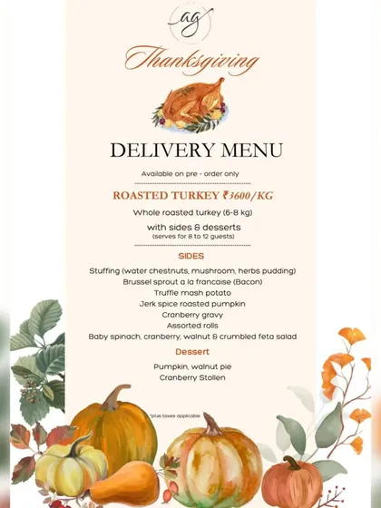 A detailed look at our Thanksgiving delivery menu, including a whole roasted turkey with all the sides and desserts, perfect for a hassle-free holiday feast.