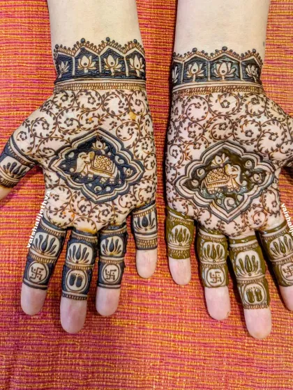 An elephant-lover's dream design. This pattern features a central elephant motif surrounded by delicate vines and auspicious swastika symbols on the fingers.