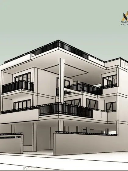 A wireframe 3D model of a residential building. This early-stage visualization helps us define the building's massing and form before we add materials and details, forming the structural skeleton of the final design.
