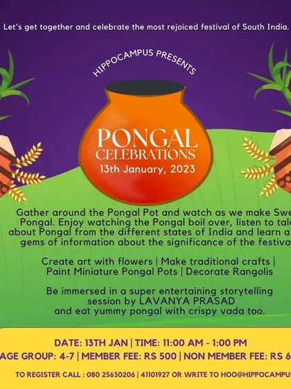 Pongalo Pongal! We gather around the pot to watch the sweet Pongal boil over, a tradition we love sharing. The day is filled with flower art, painting miniature pots, and stories about the harvest festival from all over India.