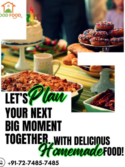 Let's plan your next big moment together. We can provide a delicious spread of homemade food, including main courses and desserts like cakes and donuts, for your special celebration.