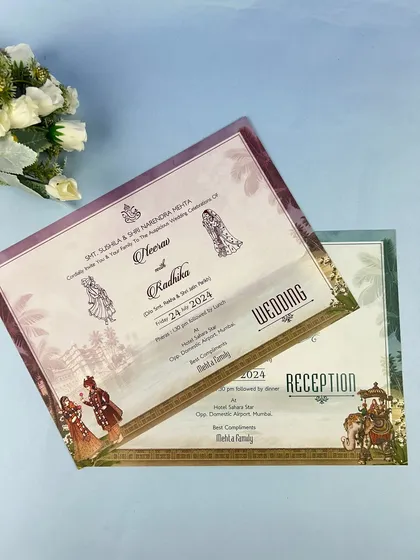 A set of wedding and reception inserts designed for a destination wedding, with subtle illustrations of the coastal venue.