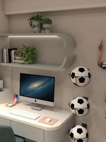 For a young football fan. This 3D render shows the study corner we designed, complete with a Messi wall decal, football-themed decor, and sleek, modern shelving.