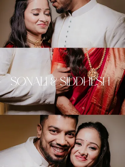 A collage of portraits from an engagement, presented in a classic style. The black and white images at the top and bottom frame the central text, creating an elegant announcement.