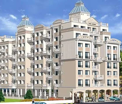 This is the 3D visualization for "Yash Avenue," a completed project in Kharghar with 69 apartments and 21 shops. The design has a stately, neoclassical feel, with decorative roof structures and symmetrical wings.