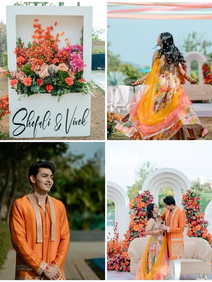 A collage showcasing the beautiful decor and candid portraits from the Haldi ceremony, capturing the vibrant orange and pink theme.