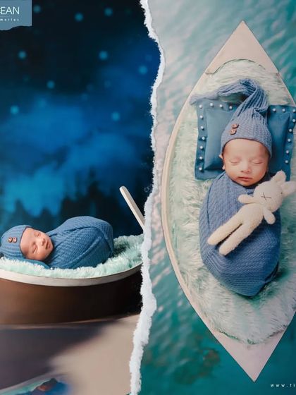 A creative split-view of our tiny sailor theme, showing the baby peacefully adrift in his boat under a starry night sky. This artistic edit adds a touch of storytelling to the newborn portrait.