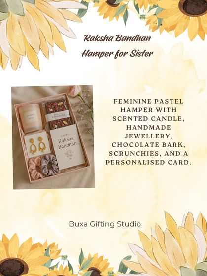 A Raksha Bandhan hamper idea for a sister, with a feminine pastel theme including a scented candle, handmade jewelry, and a chocolate bark.
