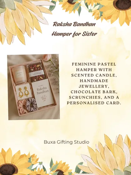 A Raksha Bandhan hamper idea for a sister, with a pastel theme, scented candle, handmade jewelry, and a personalized card.