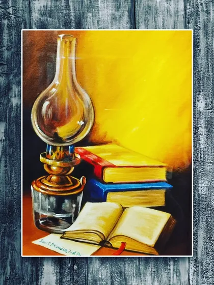 A classic still life composition painted in acrylics. The artwork features a stack of books and an old lantern, with warm light creating a cozy and nostalgic atmosphere.
