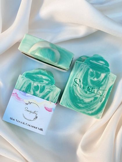 My Aloe Vera & Coconut Milk soap is perfect for dry skin. The green and white swirls are fresh and clean.