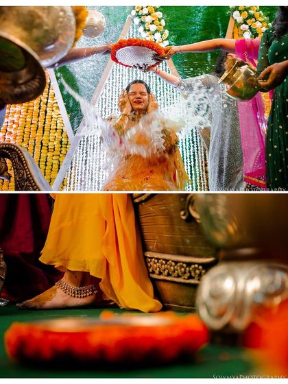 A collage from a Haldi ceremony, showing the ritual bath and a close-up of the bride's anklet-adorned feet.
