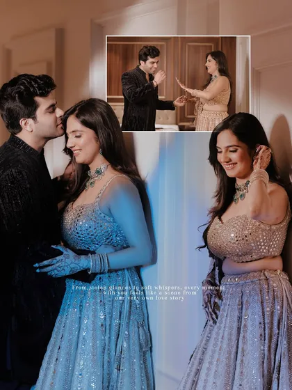 A creative collage combining intimate couple portraits with a fun, interactive moment, telling a small story.