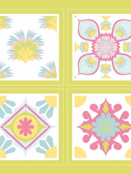 Another colour variation of the 'Pavé Pop' tile designs. The soft greens, pinks, and blues work together to create a gentle, harmonious collection.