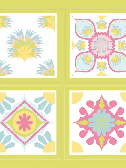 Another colour variation of the 'Pavé Pop' tile designs. The soft greens, pinks, and blues work together to create a gentle, harmonious collection.