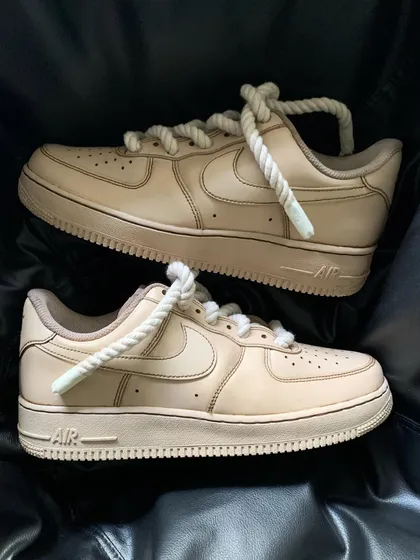 A top-down view of the coffee-toned custom Nike Air Force 1s.