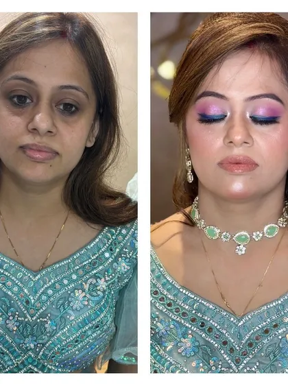 A before and after of a party makeover. We used pink and purple tones on the eyes to create a vibrant and youthful look.