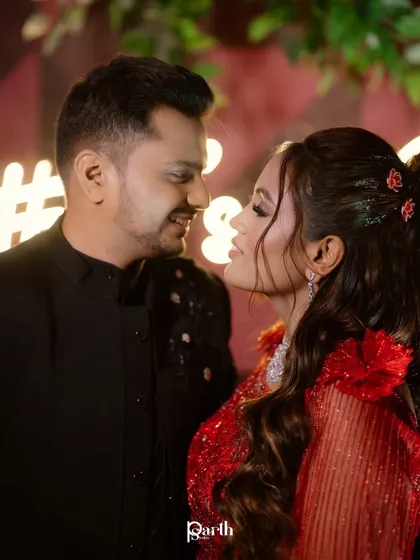 An intimate close-up of the couple, capturing a sweet and romantic moment.