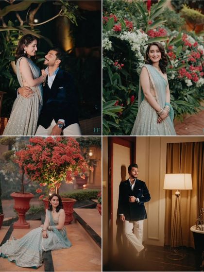 A collection of portraits from a Sangeet event, featuring the bride and groom in both solo and couple shots against beautiful floral and indoor backdrops.