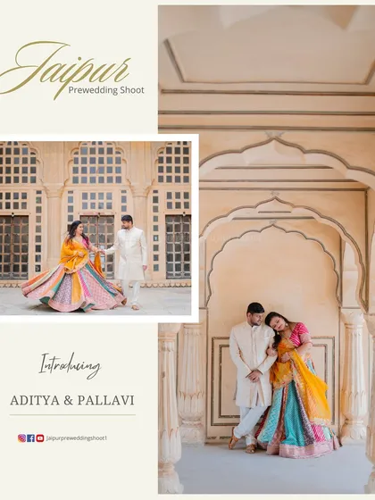 An introductory image for Aditya and Pallavi, showcasing their romantic poses within the beautiful archways of Amer Fort.