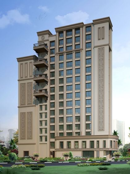 This 3D visualization of the Bella Vista apartment tower showcases an elegant, classically inspired design with detailed facade carvings and a neutral color palette.