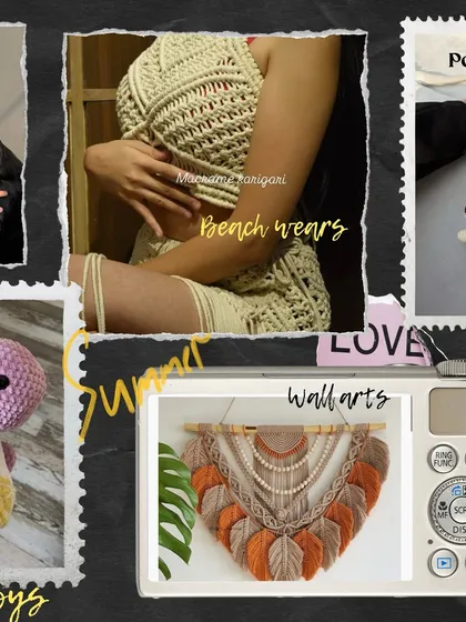 A scrapbook-style collage showing the range of our work, from macramé beachwear and wall art to adorable amigurumi toys.