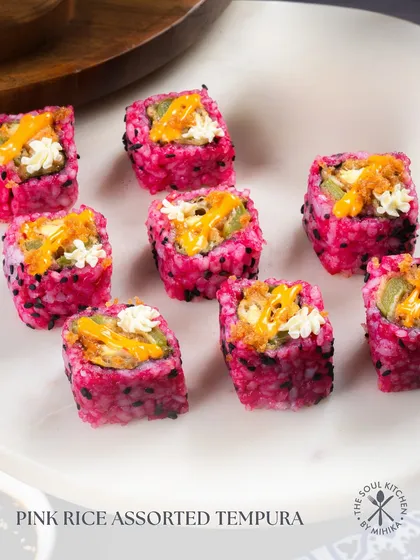 My Pink Rice Assorted Tempura sushi is bright, bold, and seriously addictive, filled with bell pepper and babycorn.