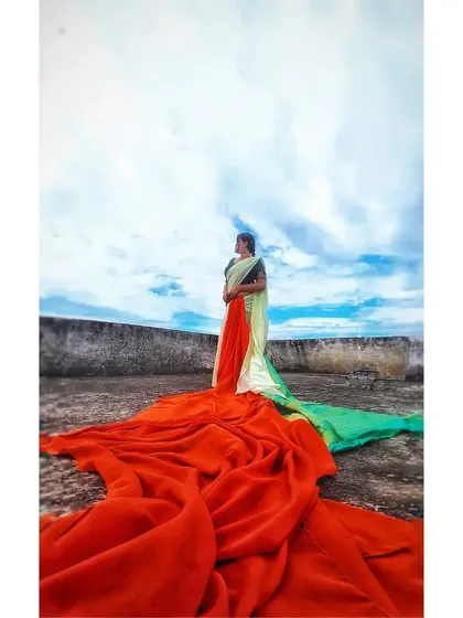 Styling can be a powerful form of expression. For this Independence Day concept, I used a combination of sarees to create the Indian tricolor. This is an example of a conceptual shoot where the outfit itself tells a compelling story.