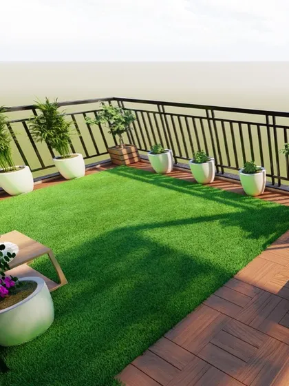 This design shows how we can use a combination of artificial turf and wooden decking to create different zones and visual interest, even in a compact balcony space.