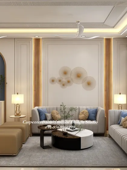 Another view of the living room, showing the elegant wall paneling and modern furniture. The design is a perfect blend of classic and contemporary styles.