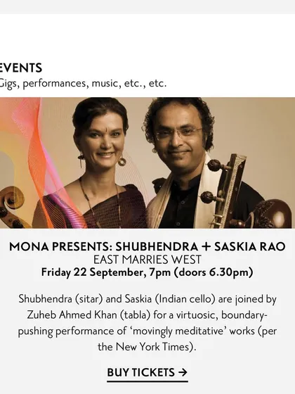 The event listing for our "East Marries West" concert at the MONA museum. The New York Times once described our work as 'movingly meditative'.