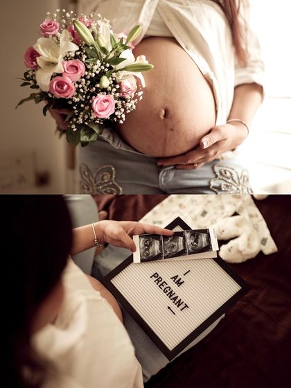 A collage of indoor announcement details, featuring a bouquet of flowers next to the baby bump and a letter board sign with sonogram pictures.
