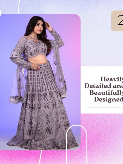 A graphic showcasing a heavily detailed and beautifully designed lilac lehenga from our collection.