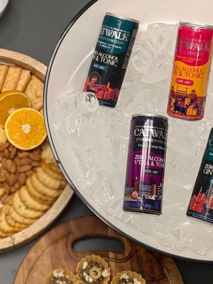 A stylish flat-lay shot from our event with Kuche7, featuring Catwalk's non-alcoholic gin and tonics on ice next to one of our signature cheese boards.