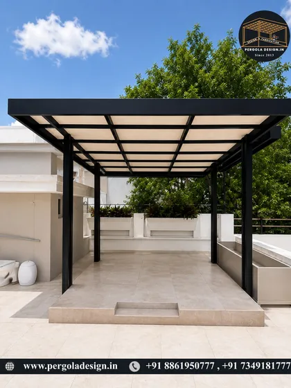 A wide-angle view of the black steel pergola on a clean, tiled terrace. This showcases the potential of an empty rooftop, ready to be turned into a functional and stylish outdoor lounge or dining area.